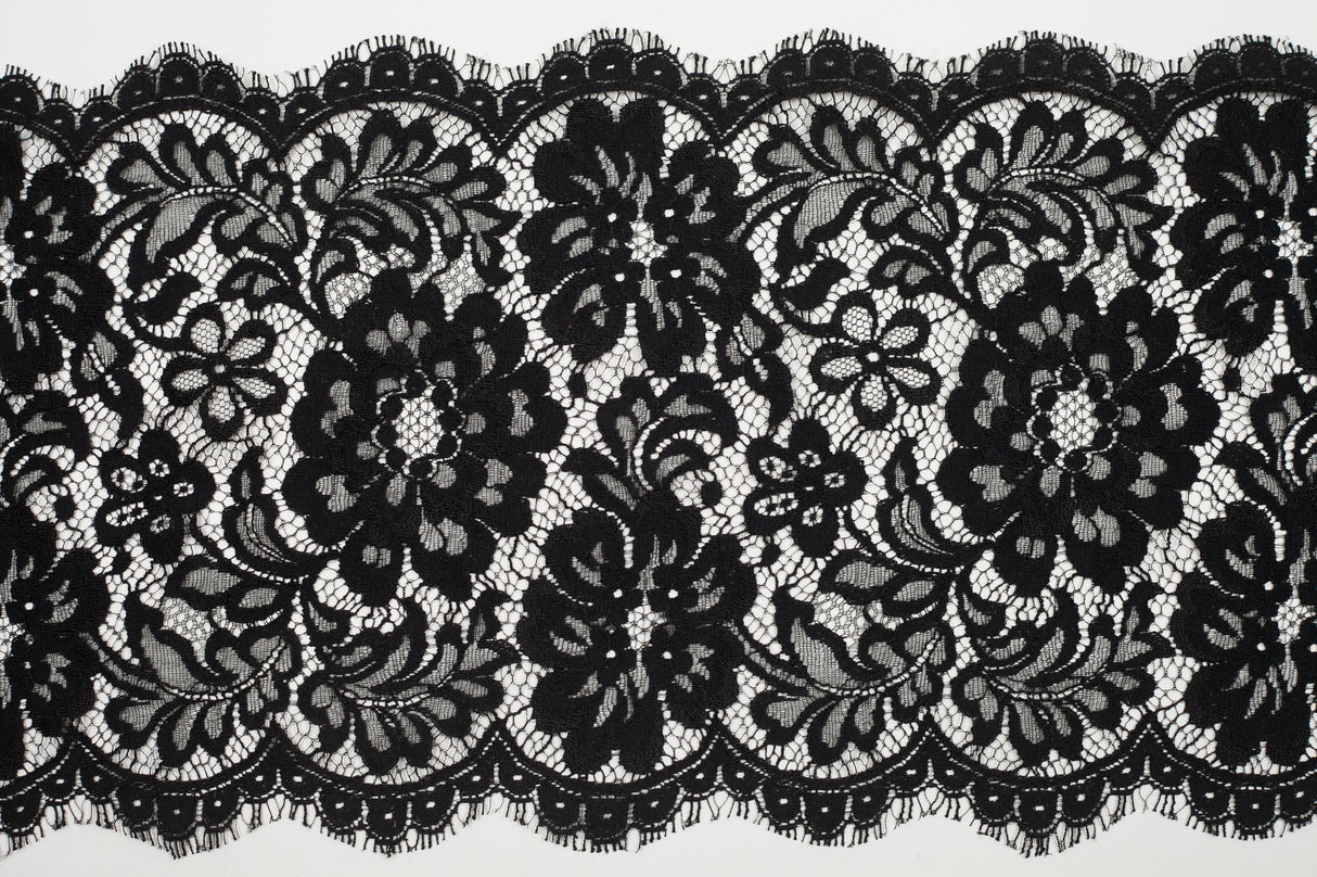 9" Jet Black Scallop-Edged Floral Lace Trim