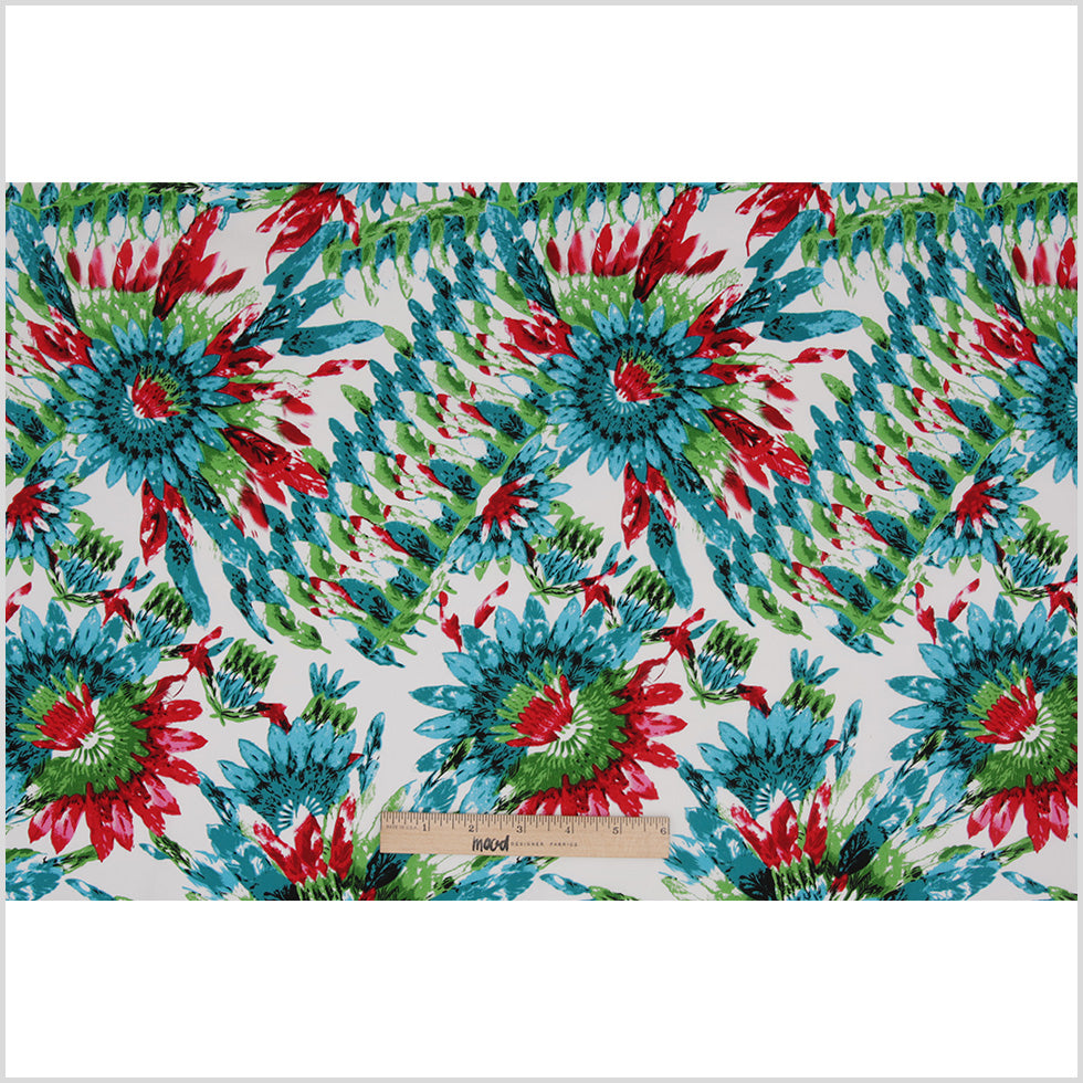 Teal/Green/Red Feather Printed Stretch Cotton Twill