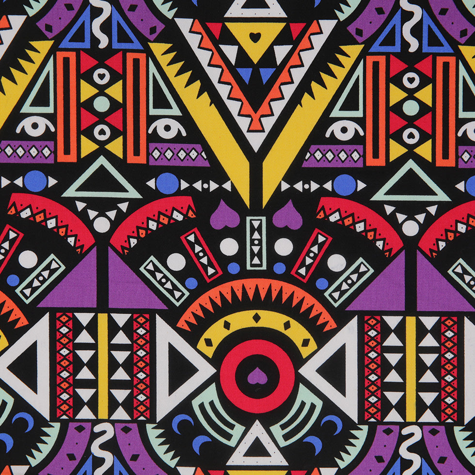 Purple/Yellow Multicolor Geometric Printed Stretch Cotton Twill