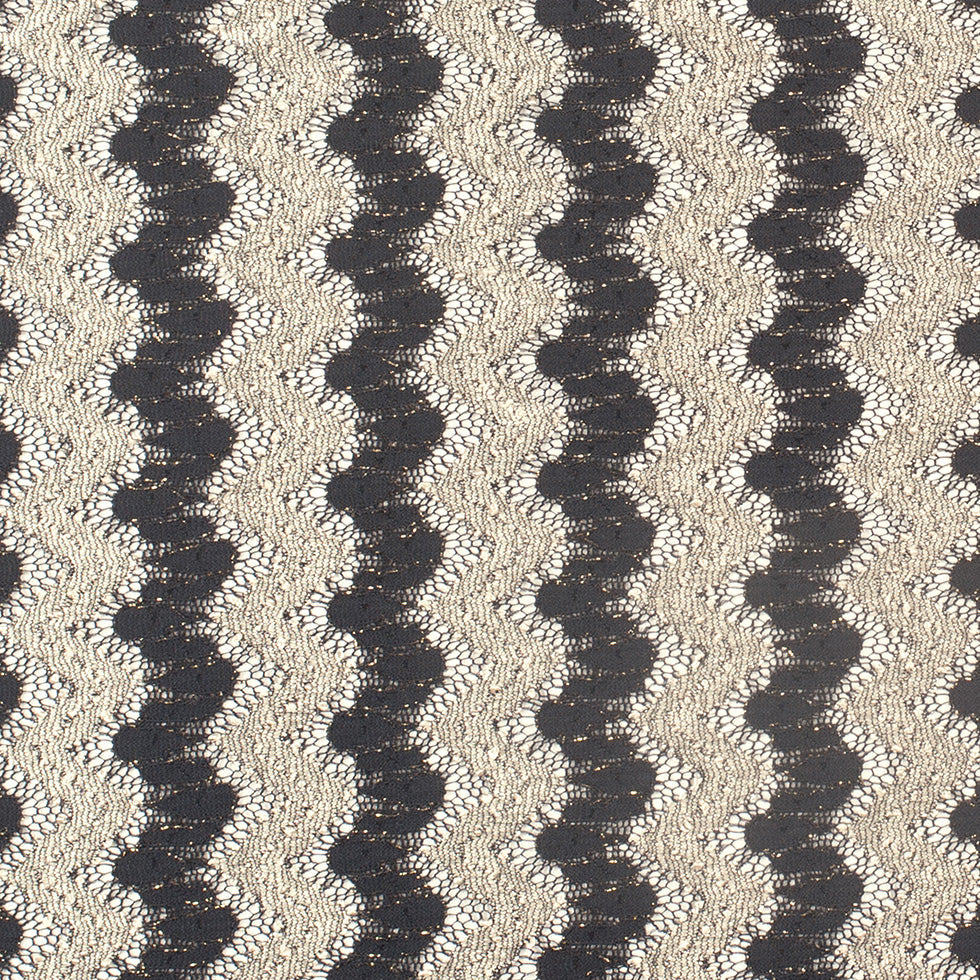 Metallic Black/Cream Zig-Zag Stretch Polyester Lacey Knit