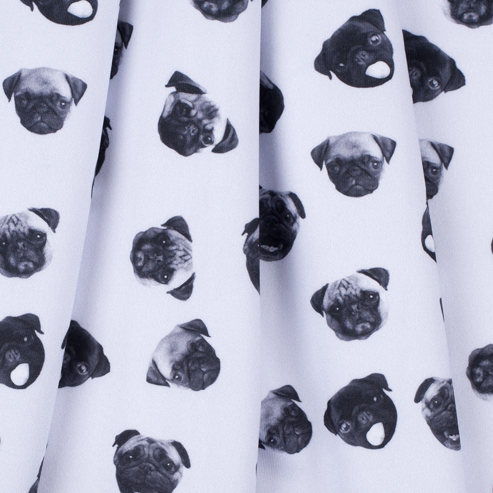 Black/White Digitally Printed Pugs Stretch Neoprene/Scuba Knit