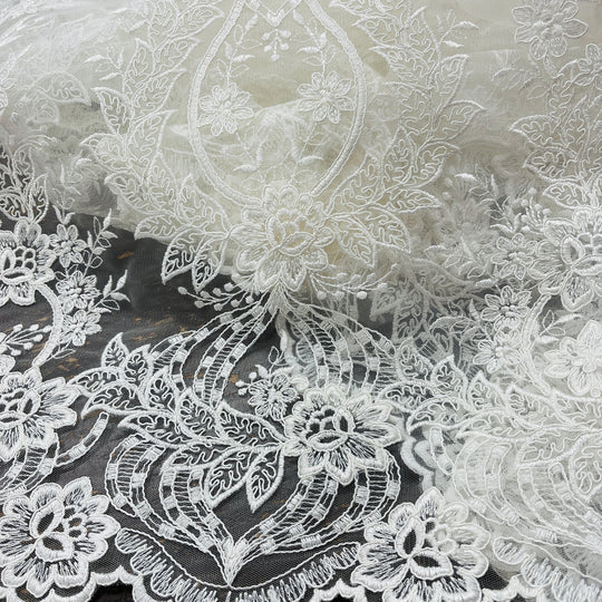 1 Yard Exquisite Corded Bridal Lace Fabric Embroidered on Polyester Net Mesh