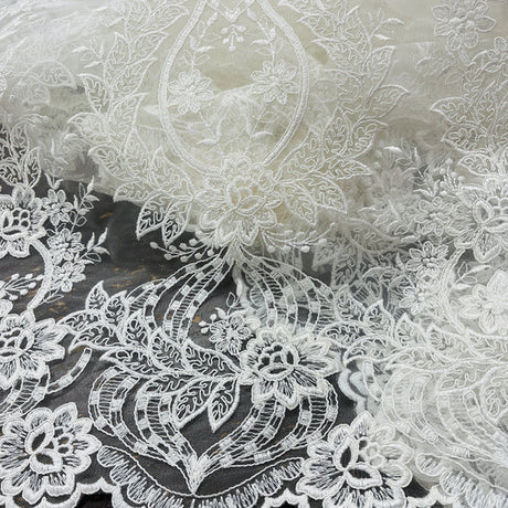 1 Yard Exquisite Corded Bridal Lace Fabric Embroidered on Polyester Net Mesh