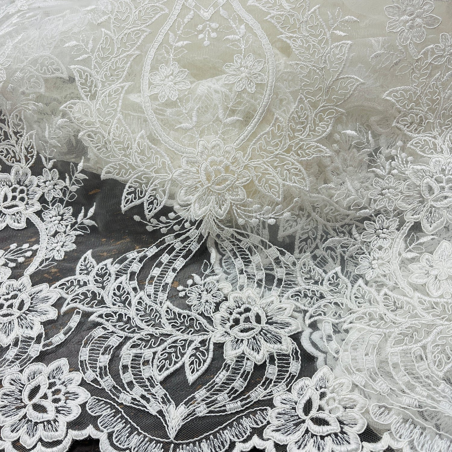 1 Yard Exquisite Corded Bridal Lace Fabric Embroidered on Premium Polyester Mesh 54
