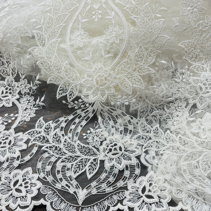 1 Yard Sophisticated Corded Bridal Lace Fabric Embroidered on 100% Polyester Net Mesh White