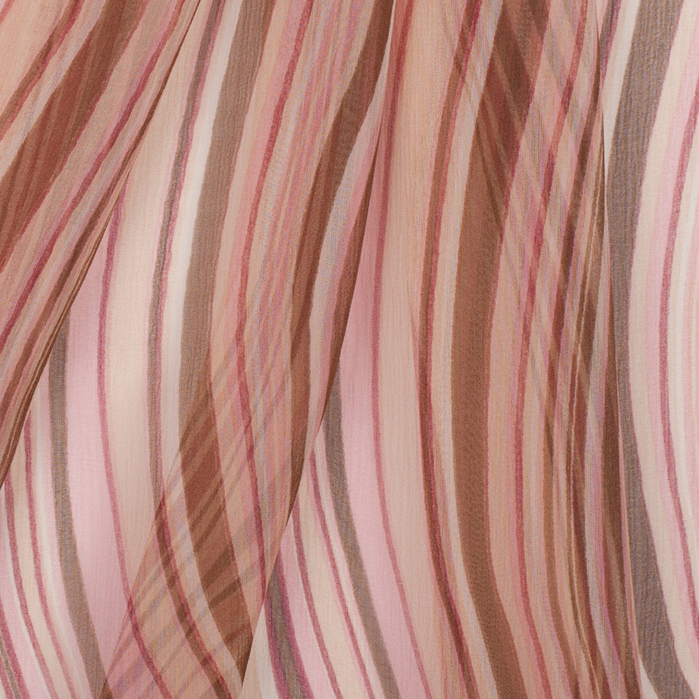 Pink Multicolor Striped Crinkled Silk Chiffon