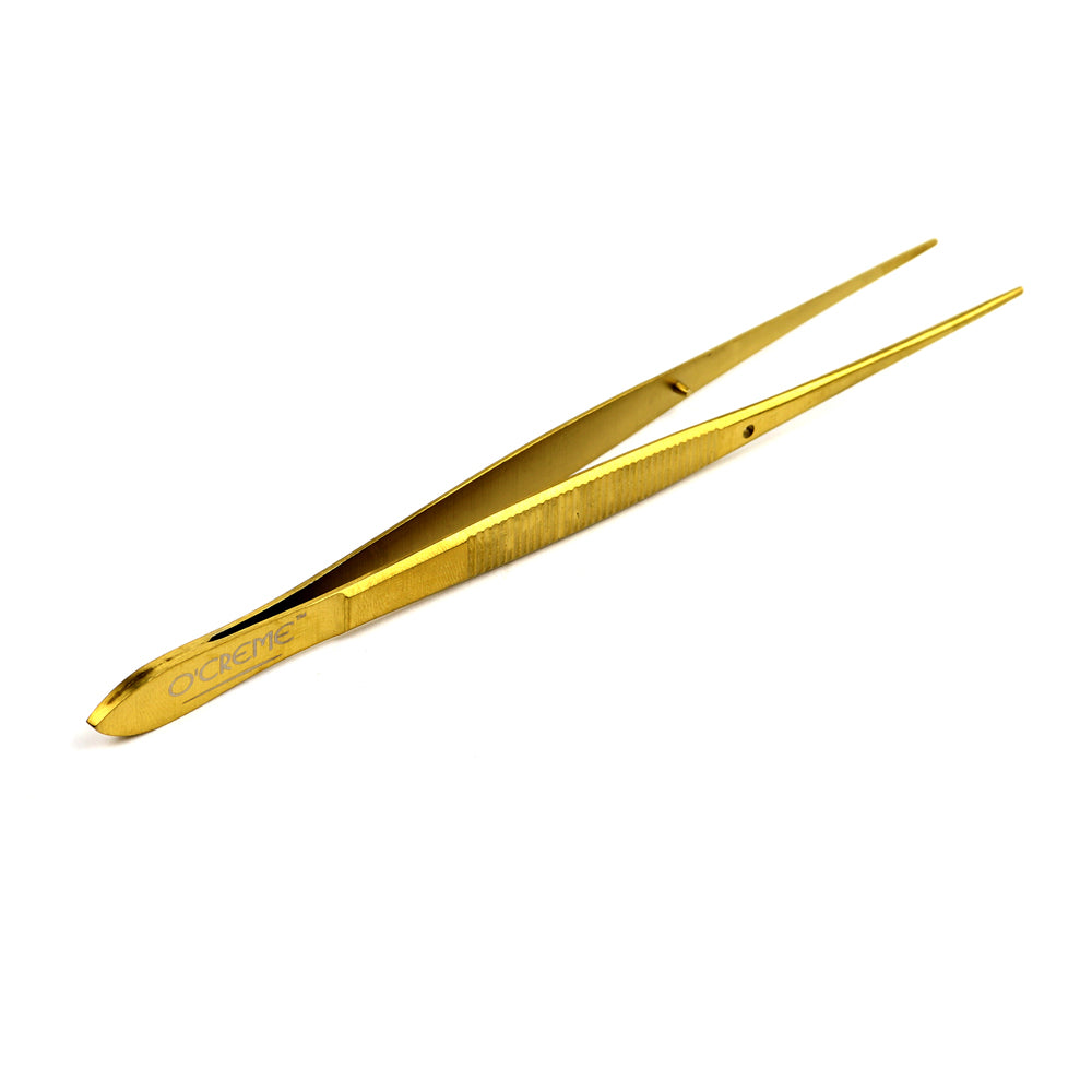 O'Creme Stainless Steel Gold Straight Fine Tip Tweezers, 6.25"