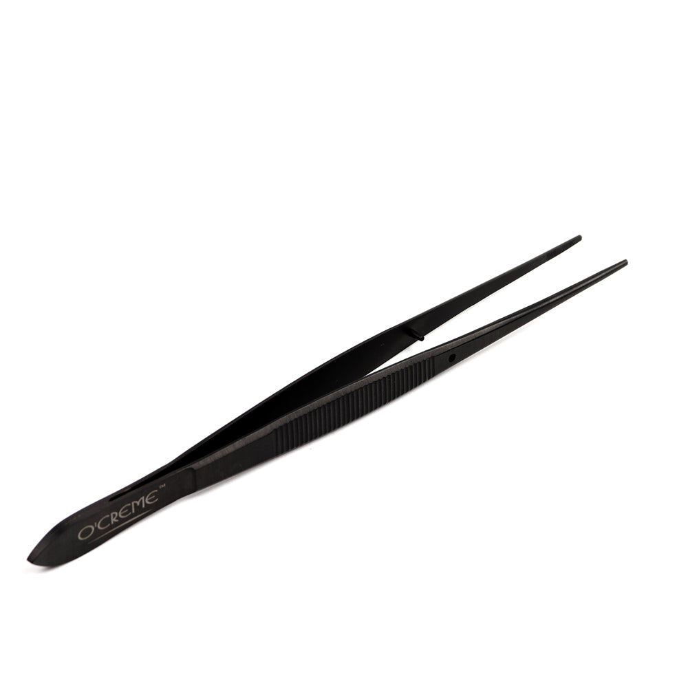 O'Creme Stainless Steel Black Straight Fine Tip Tweezers, 6.25"
