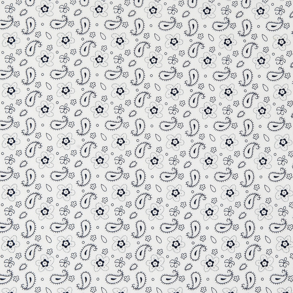 White/Navy Paisley Combed Cotton Sateen