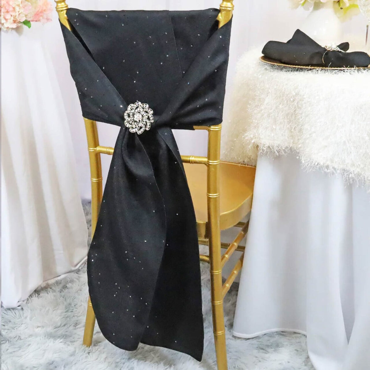 10 Pieces Black Sequin Paillette Poly Flax Burlap Chair Sashes 8"x108" Rustic Glam Event Decor