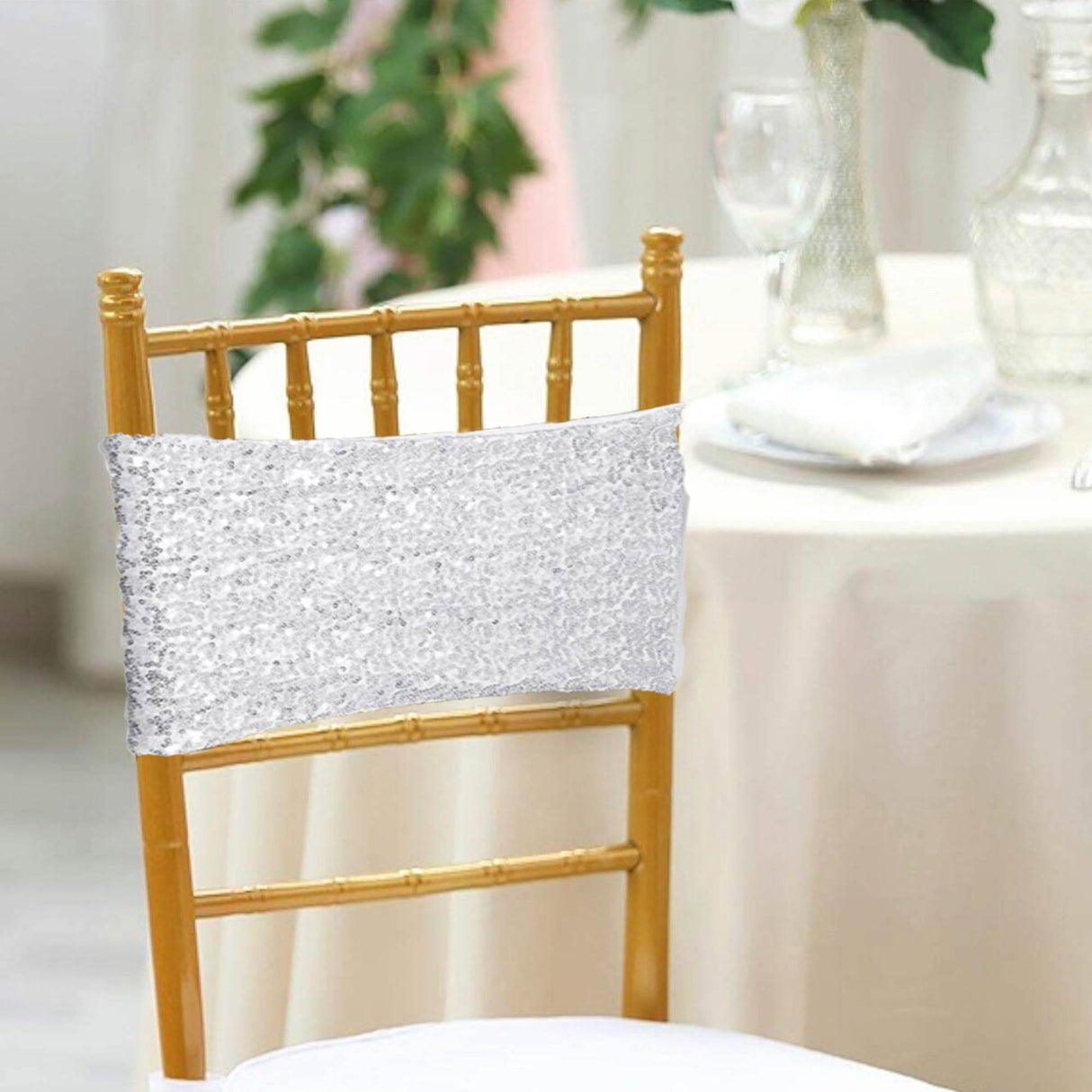 10 Pieces Sparkling Platinum Light Silver Sequin Spandex Chair Bands 7 x 13 Inches