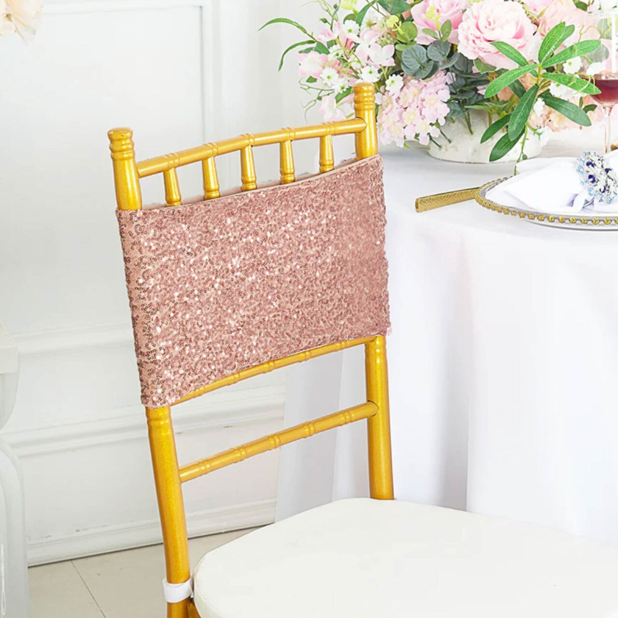 10 Pieces Elegant Blush Pink Or Rose Gold Sequin Stretch Spandex Chair Bands 7 x 13 Inches