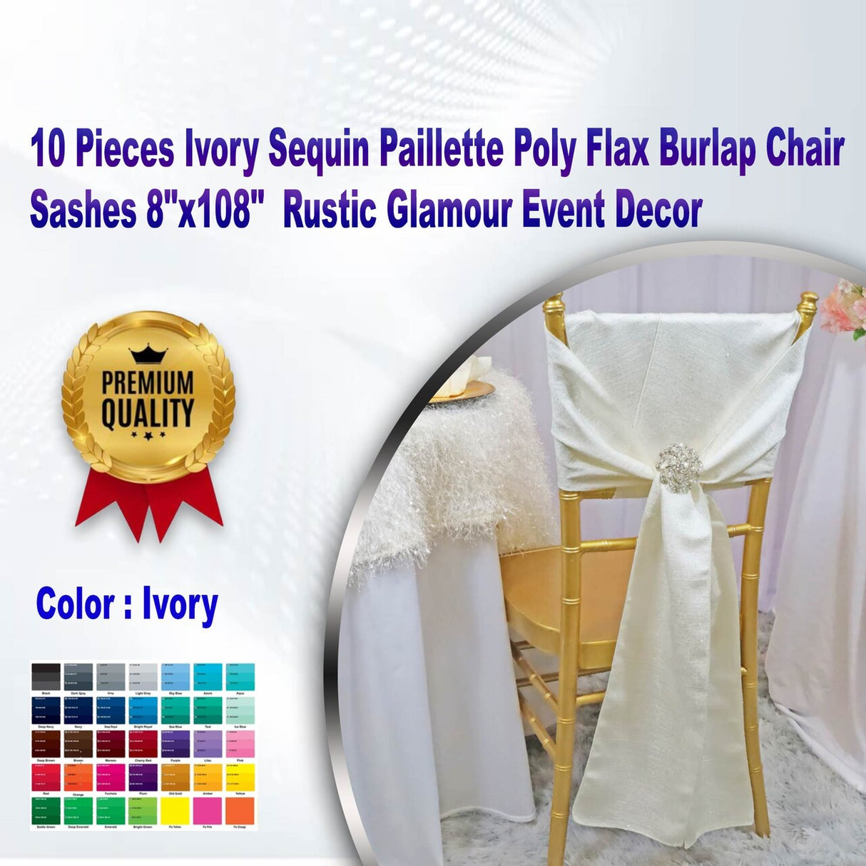 10 Pieces Ivory Sequin Paillette Poly Flax Burlap Chair Sashes 8"x108" Rustic Glamour Event Decor