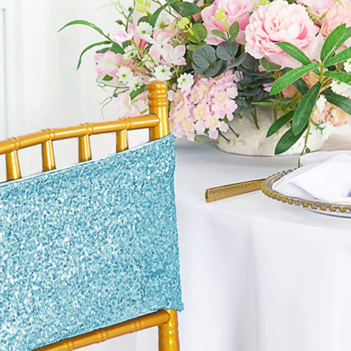 10 Pieces Soft Baby Blue Sequin Stretch Spandex Chair Bands 7 x 13 Inches