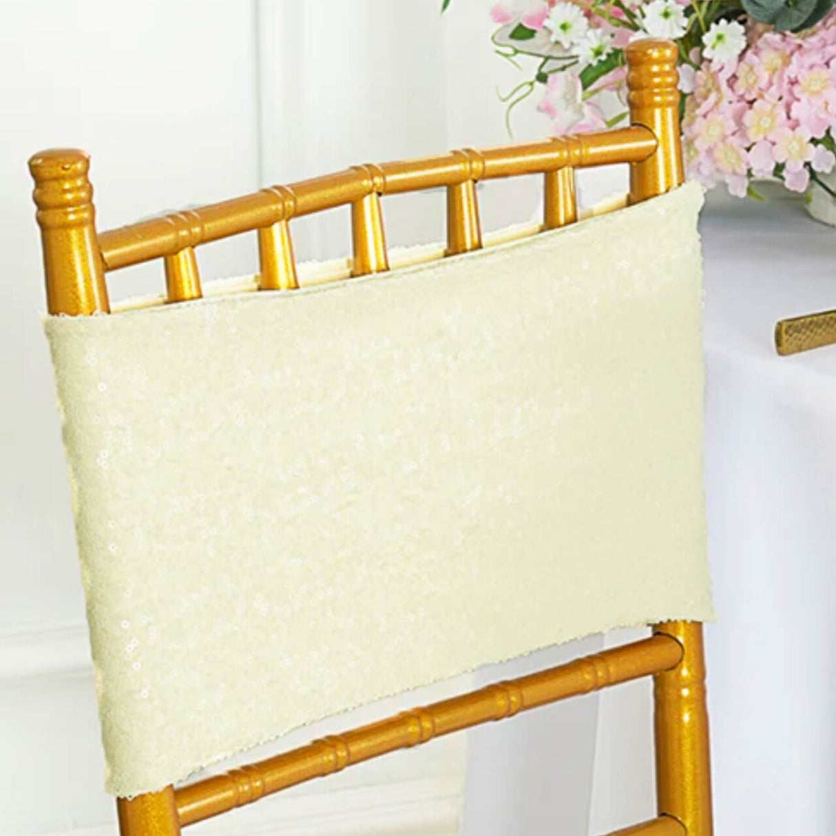 10 Pieces Luxurious Ivory Sequin Stretch Spandex Chair Bands 7 x 13 Inches
