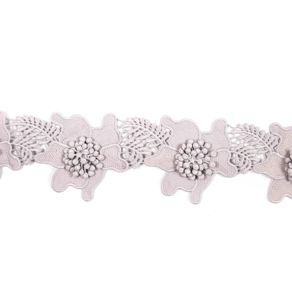 Gray 3D Floral Lace Trim - 3.5"