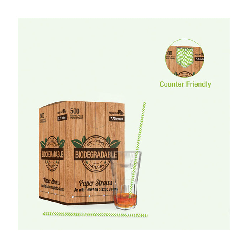 Packnwood Durable Unwrapped Lime Green & White Chevron Design Paper Straws, .2" Dia. x 7.75", Case of 3000