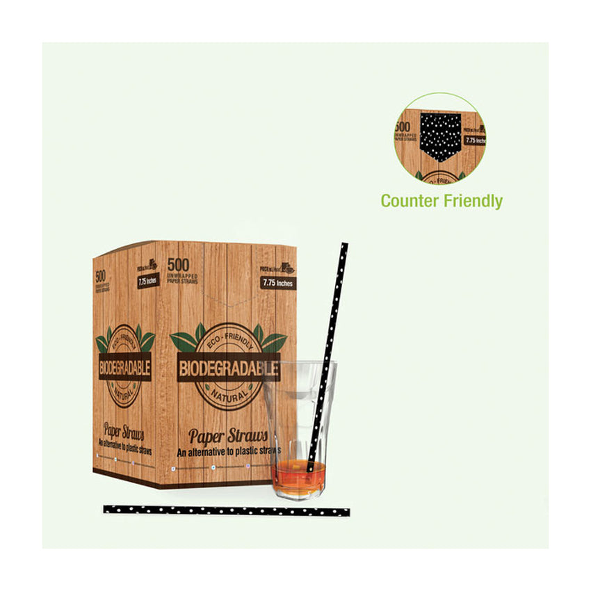 Packnwood Unwrapped Durable Black & White Polka Dot Paper Straws, .2" Dia. x 7.75", Case of 3000