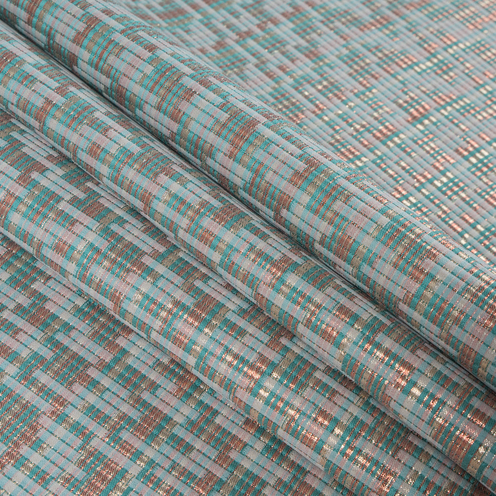 Ivory, Sea Green and Light Coral Metallic Brocade
