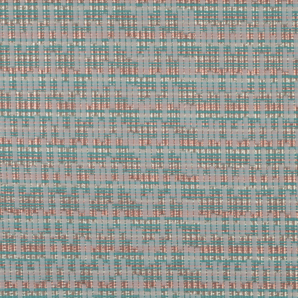Ivory, Sea Green and Light Coral Metallic Brocade