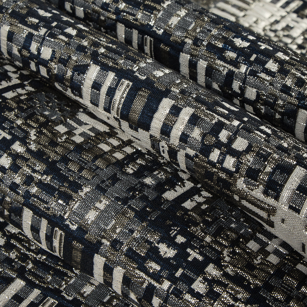 Metallic Silver/Patriot Blue/Ivory Abstract Geometric Polyester Brocade