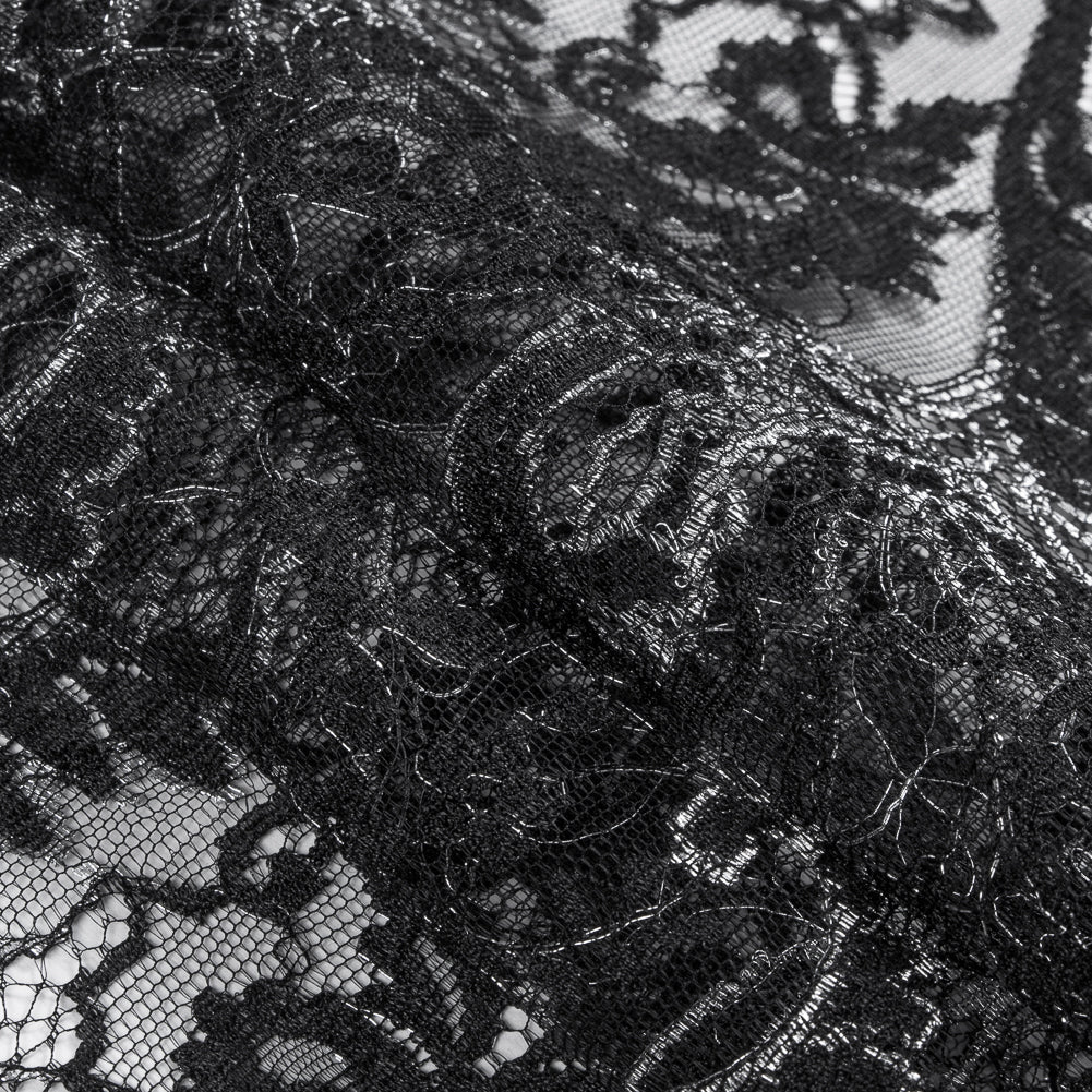 Re-Embroidered Lace with Scalloped Eyelash Edges 23" - Black Leaves