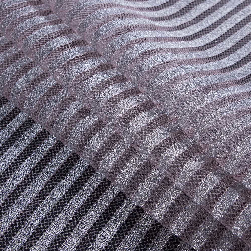 Lace with Scalloped Eyelash Edges - Rose and Metallic Silver Striped Floral