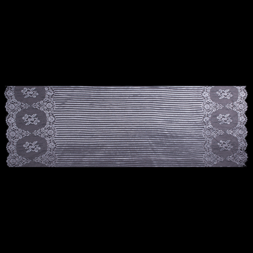 Lace with Scalloped Eyelash Edges - Rose and Metallic Silver Striped Floral