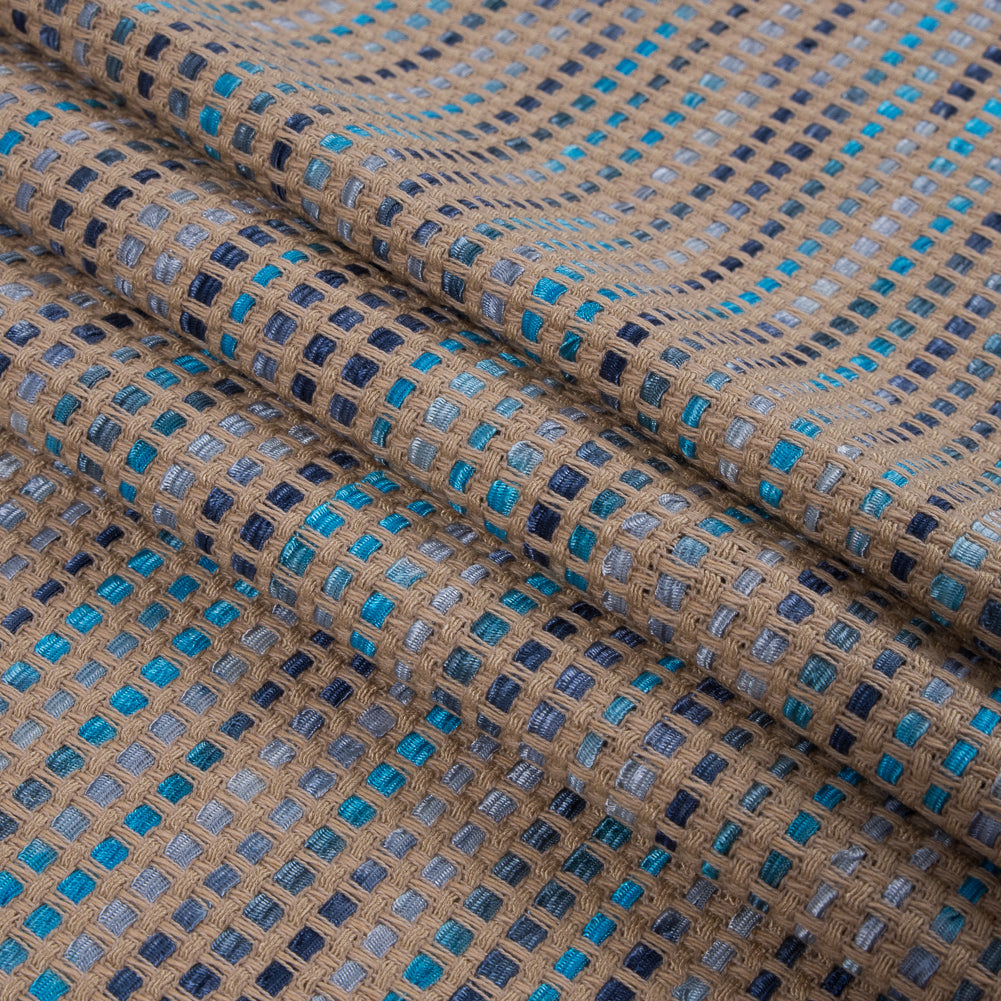 Beige and Blue Blended Cotton Woven