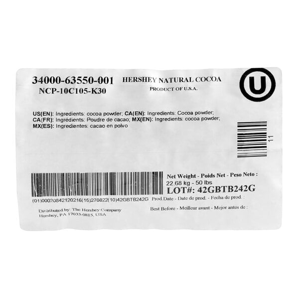 HERSHEY'S 10-12% Fat Natural Cocoa Powder 50 lb.