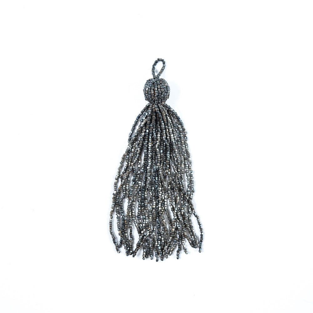 Large Gunmetal Beaded Tassel - 6"