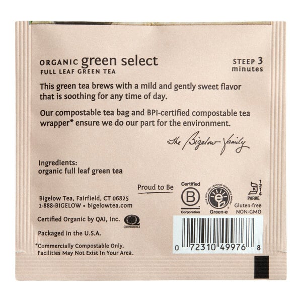 Steep Cafe By Bigelow Organic Green Select Green Tea Pyramid Sachets - 50/Case