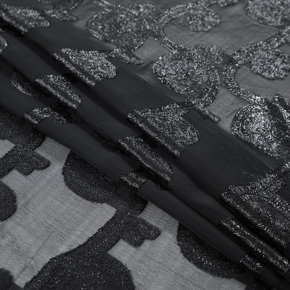 Famous NYC Designer Metallic Black Paisley Embroidered Chiffon