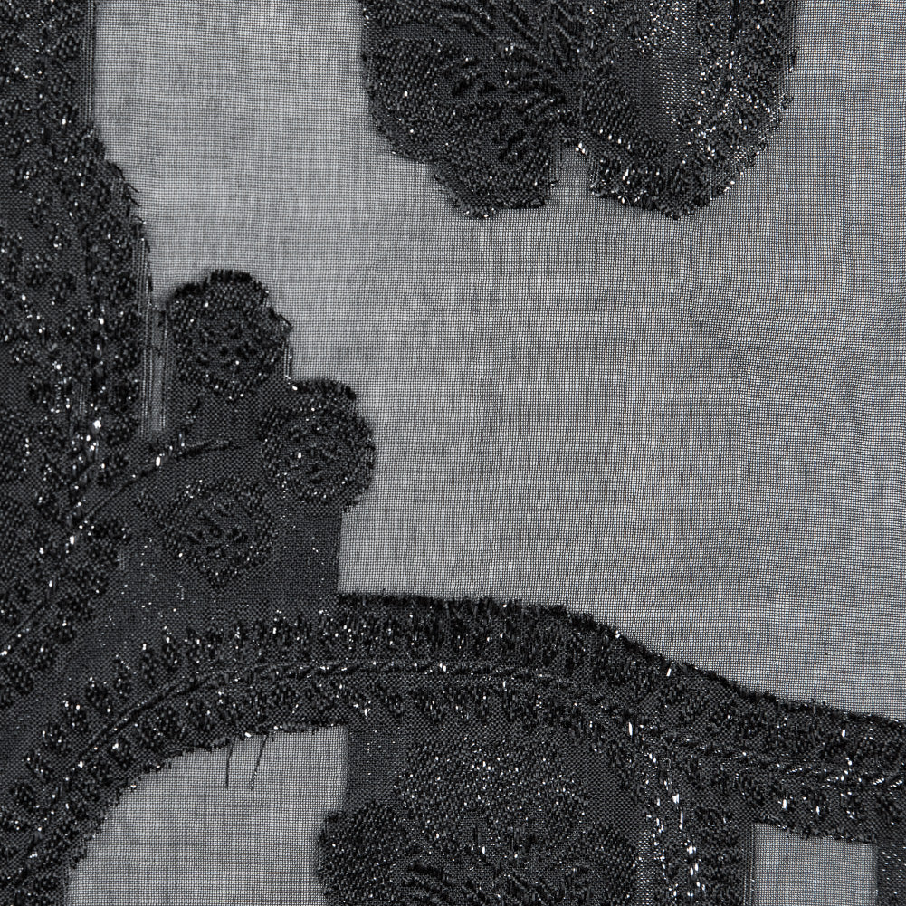 Famous NYC Designer Metallic Black Paisley Embroidered Chiffon