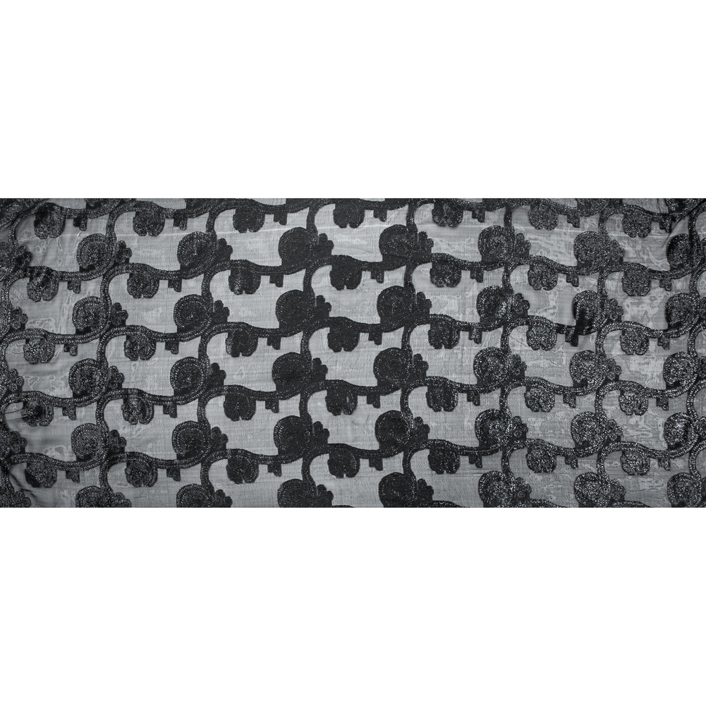 Famous NYC Designer Metallic Black Paisley Embroidered Chiffon