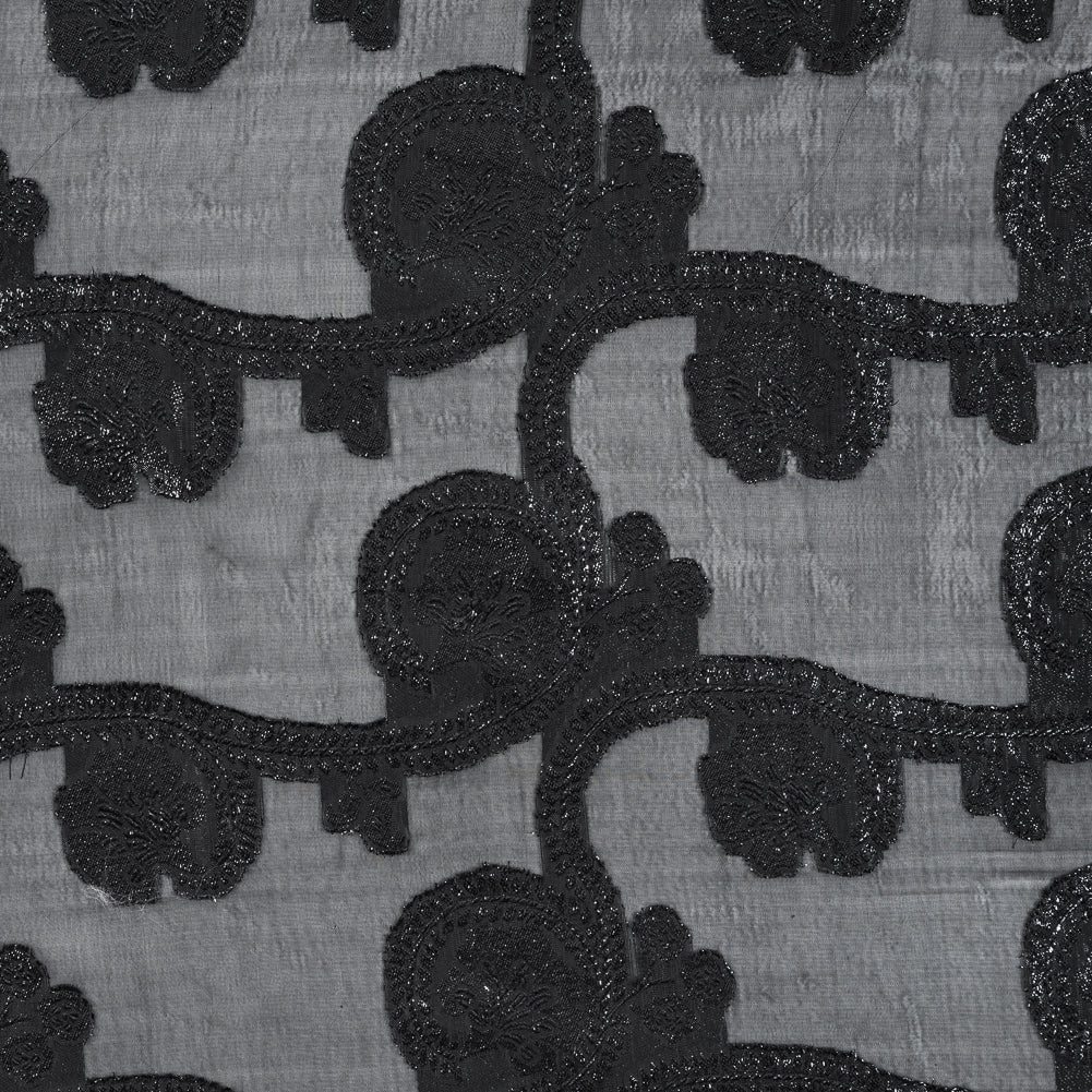 Famous NYC Designer Metallic Black Paisley Embroidered Chiffon