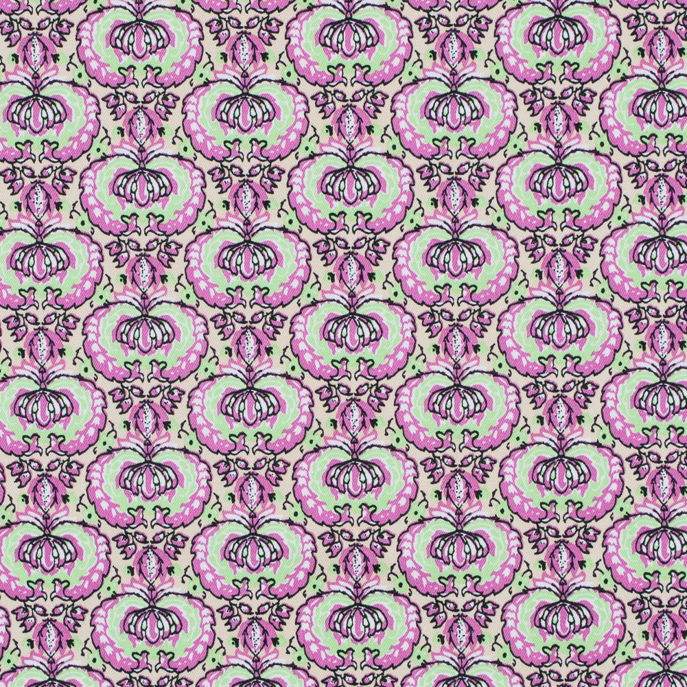 Phlox Pink and Green Flash Palmette Printed Stretch Cotton Twill