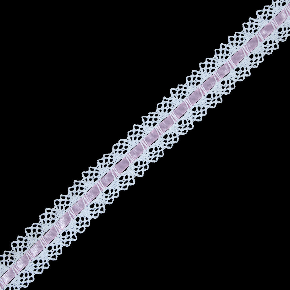White Crochet Trim with Pink Ribbon - 1.25"