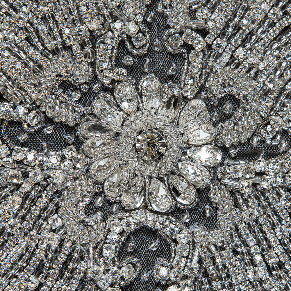 Fancy Silver Beaded Rhinestone Panel on a Nude Mesh - 37.5" x 19"