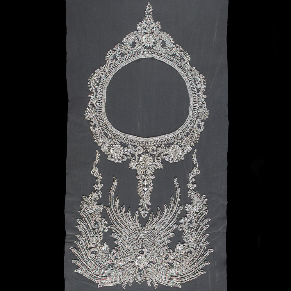 Fancy Silver Beaded Rhinestone Panel on a Nude Mesh - 37.5" x 19"