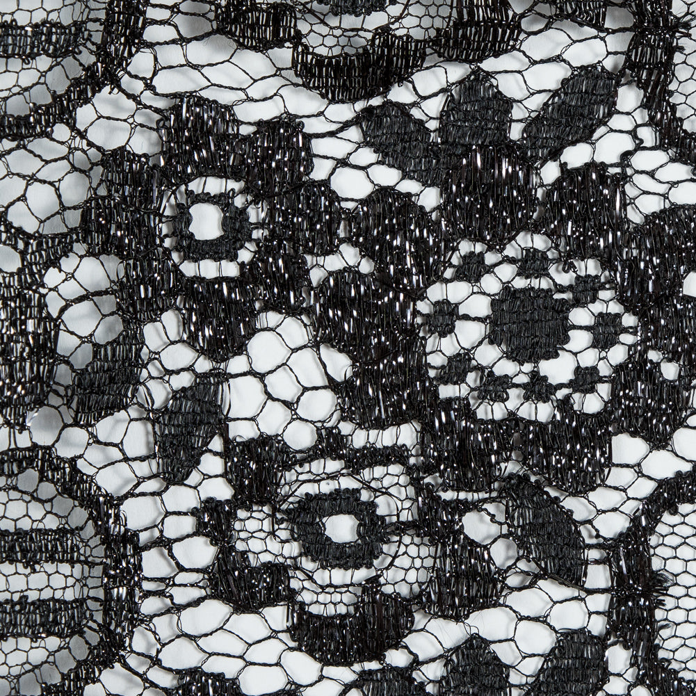 Metallic Lace with Eyelash Fringe Edges - Black Striped Floral - Made in France