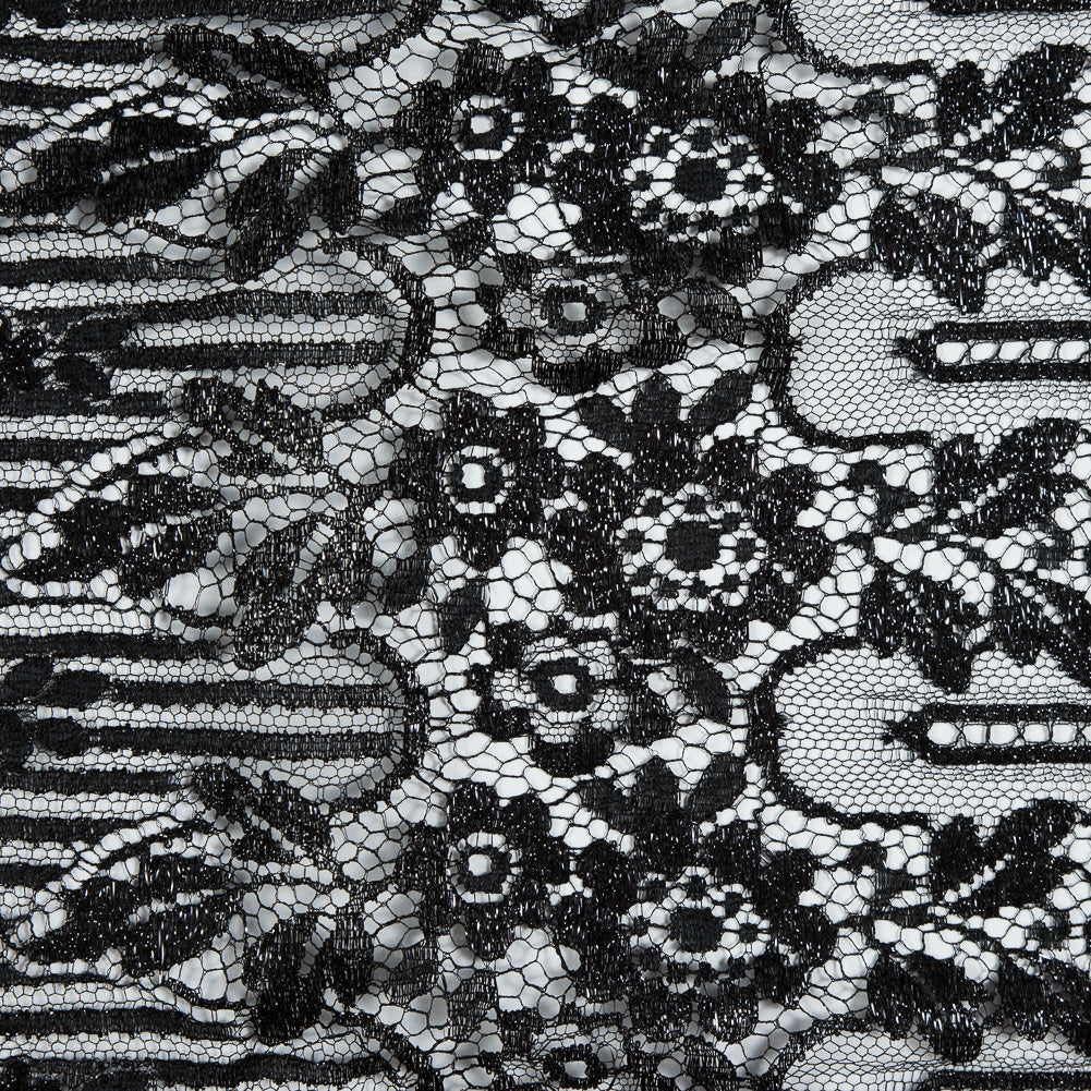 Metallic Lace with Eyelash Fringe Edges - Black Striped Floral - Made in France