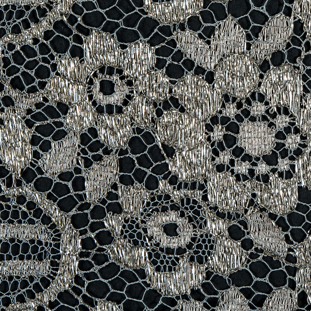Metallic Lace with Eyelash Fringe Edges - Aqua Gray and Silver Striped Floral - Made in France