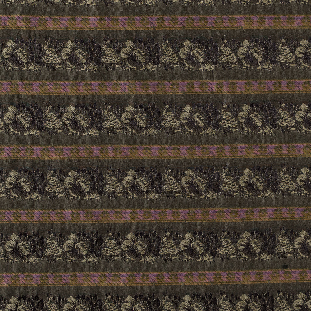 Olive Green Polyester Blend with Woven Floral Stripes