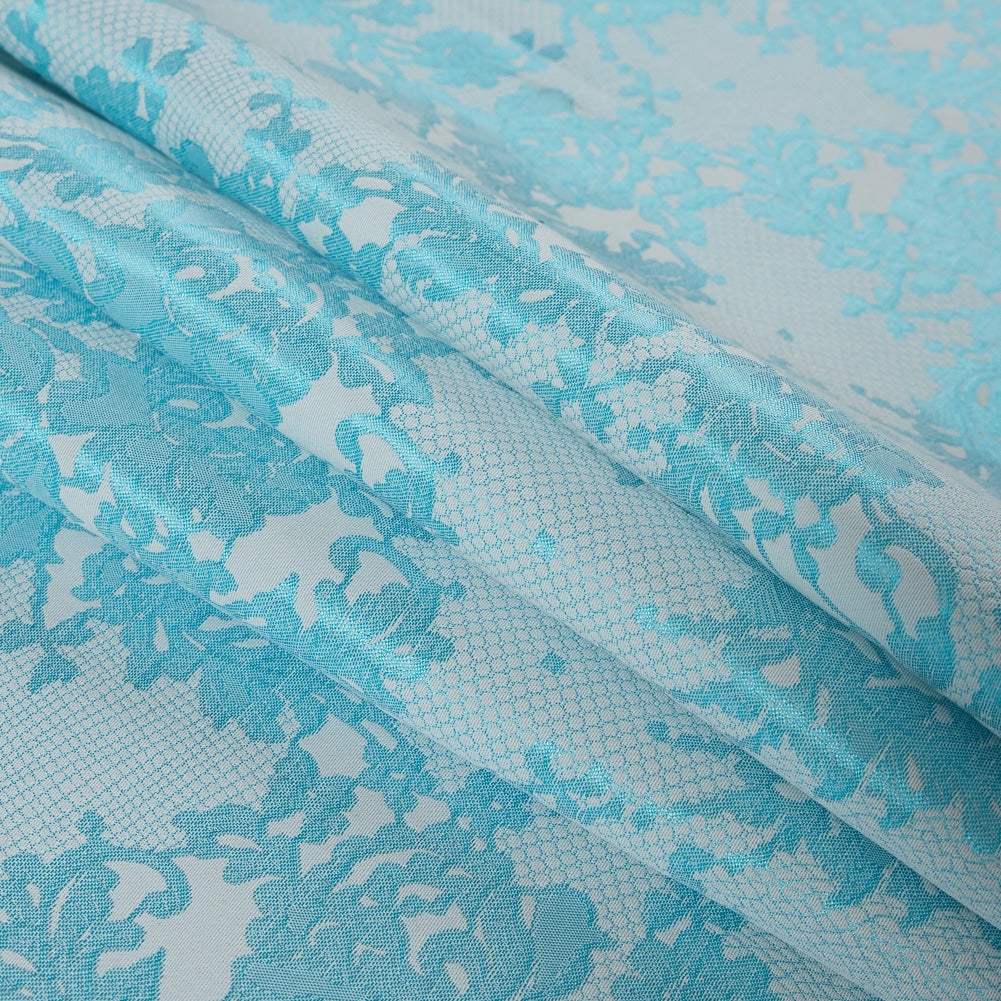 Metallic Bluebird and White Lacey Floral Brocade