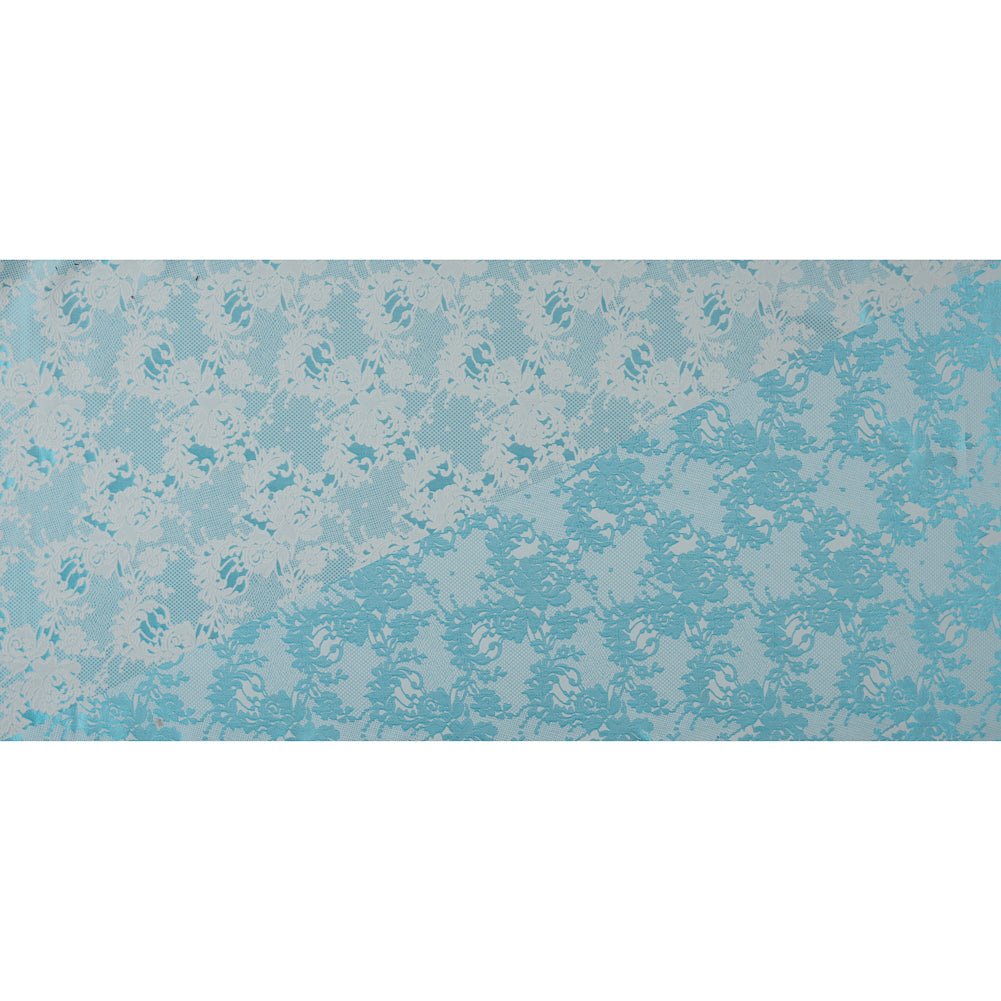 Metallic Bluebird and White Lacey Floral Brocade