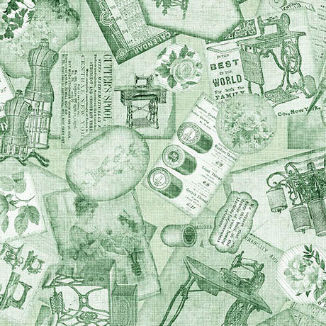 Cotton Sewing Ephemera Fabric Light Green 44/45"