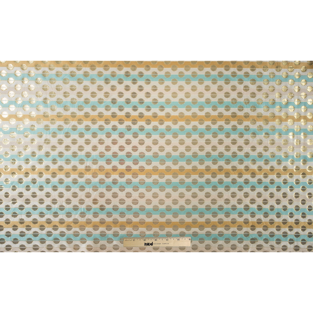 Aqua Sky, Ochre and Metallic Gold Polka Dotted and Striped Brocade