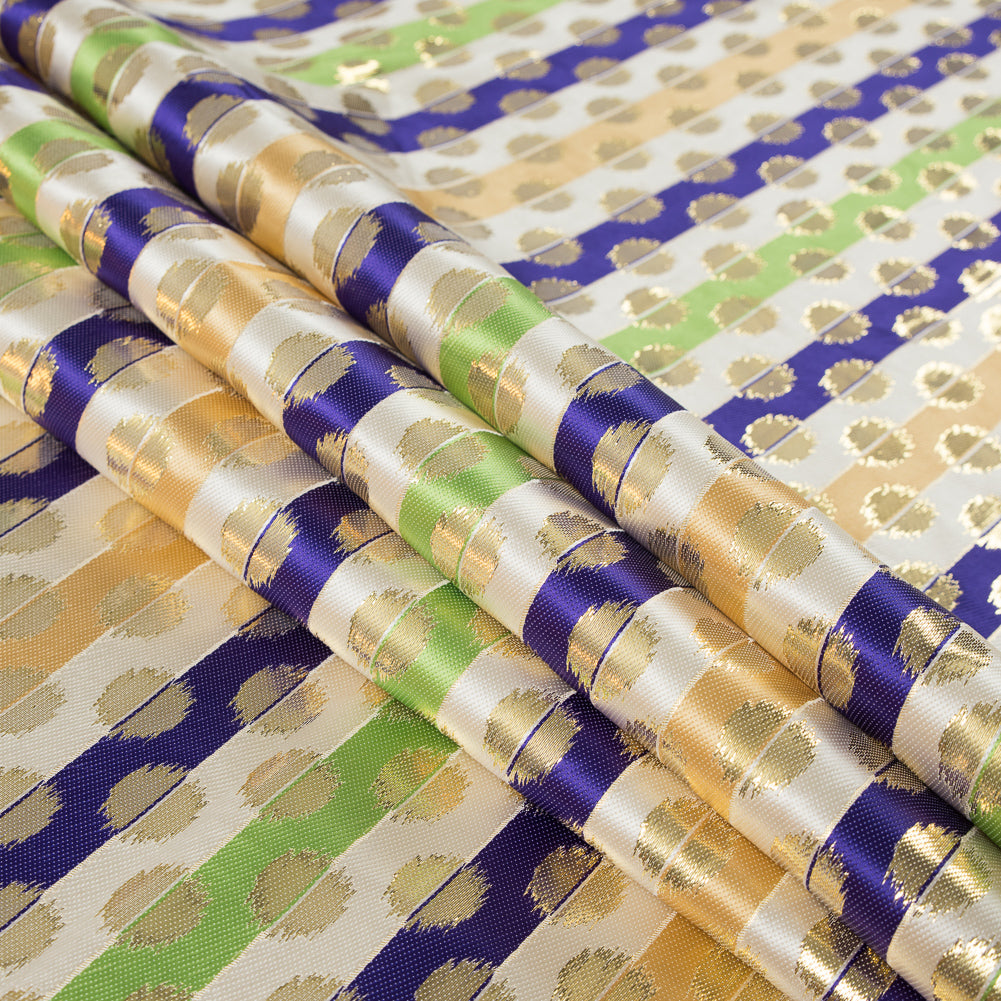 Deep Blue, Jasmine Green and Metallic Gold Polka Dotted and Striped Brocade