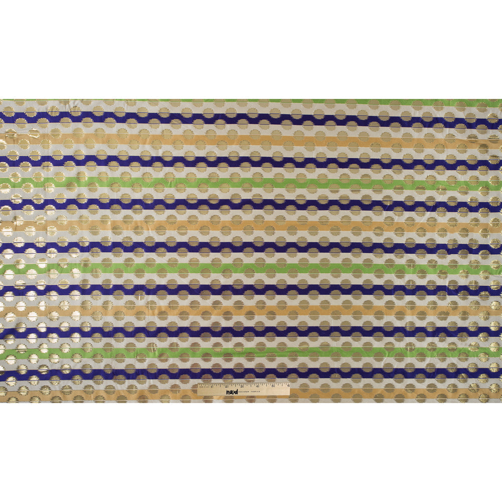 Deep Blue, Jasmine Green and Metallic Gold Polka Dotted and Striped Brocade